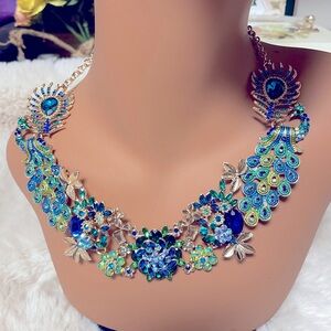Stunning Natasha Couture Royal Blue and Emerald Green Crystal Necklace